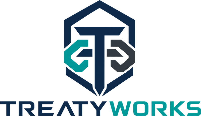 TreatyWorks logo: a hexagonal shield holding a T flanked by two interlocking links